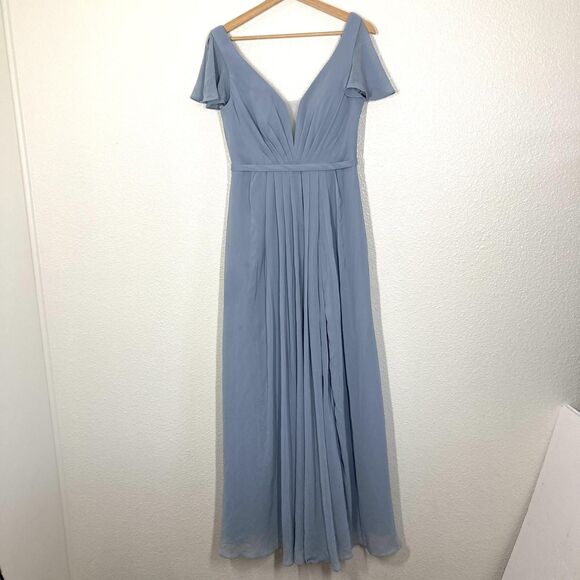 Azazie Dress Womens Custom Dusty Blue Chiffon Bridesmaid Formal Maxi V Neck - Picture 1 of 16